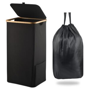 Pan Peer 100L Laundry Basket with Lid and Pocket Dirty Clothes Bin with Bamboo Handles and A Removable Laundry Bag Large Portable Laundry Hamper for Bedroom, Bathroom, Laundry Room