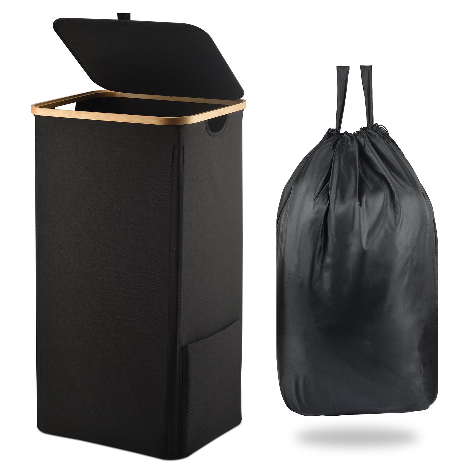 Pan Peer 100L Laundry Basket with Lid and Pocket Dirty Clothes Bin with Bamboo Handles and A Removable Laundry Bag Large Portable Laundry Hamper for Bedroom, Bathroom, Laundry Room