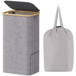 Pan Peer 100L Laundry Basket with Lid and Pocket Dirty Clothes Bin with Bamboo Handles and A Removable Laundry Bag Large Portable Laundry Hamper for Bedroom, Bathroom, Laundry Room