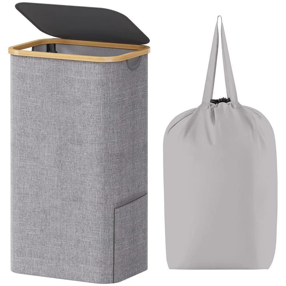 Pan Peer 100L Laundry Basket with Lid and Pocket Dirty Clothes Bin with Bamboo Handles and A Removable Laundry Bag Large Portable Laundry Hamper for Bedroom, Bathroom, Laundry Room