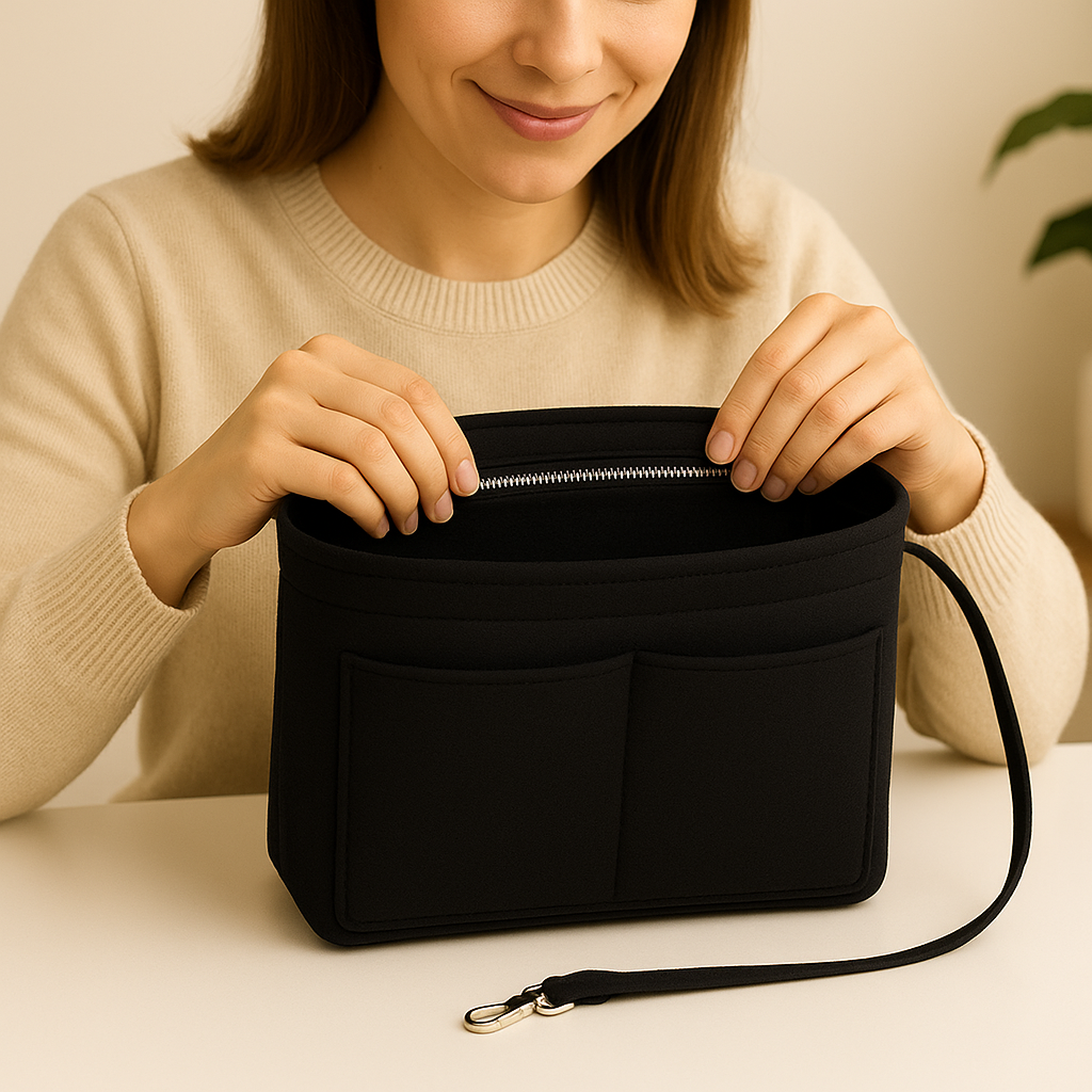 Pan Peer Handbag Organiser Insert with Zipped Pocket, Removable Inner Divider & Bottle Holder – Premium Felt Purse Insert for Tote, Speedy, Neverfull & Medium Bags - Image 5