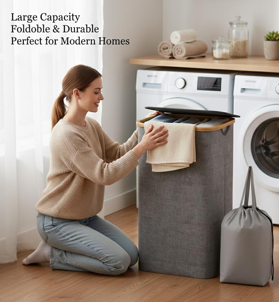 Pan Peer 100L Laundry Basket with Lid and Pocket Dirty Clothes Bin with Bamboo Handles and A Removable Laundry Bag Large Portable Laundry Hamper for Bedroom, Bathroom, Laundry Room - Image 6