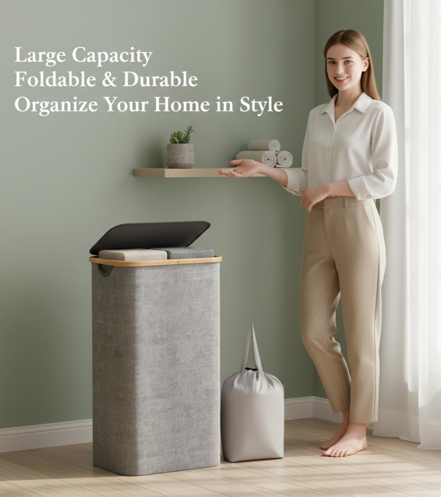 Pan Peer 100L Laundry Basket with Lid and Pocket Dirty Clothes Bin with Bamboo Handles and A Removable Laundry Bag Large Portable Laundry Hamper for Bedroom, Bathroom, Laundry Room - Image 5