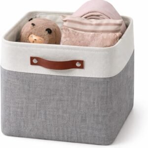 Collapsible Storage Basket with Leather Handles – Fabric Shelf Organizer Bin